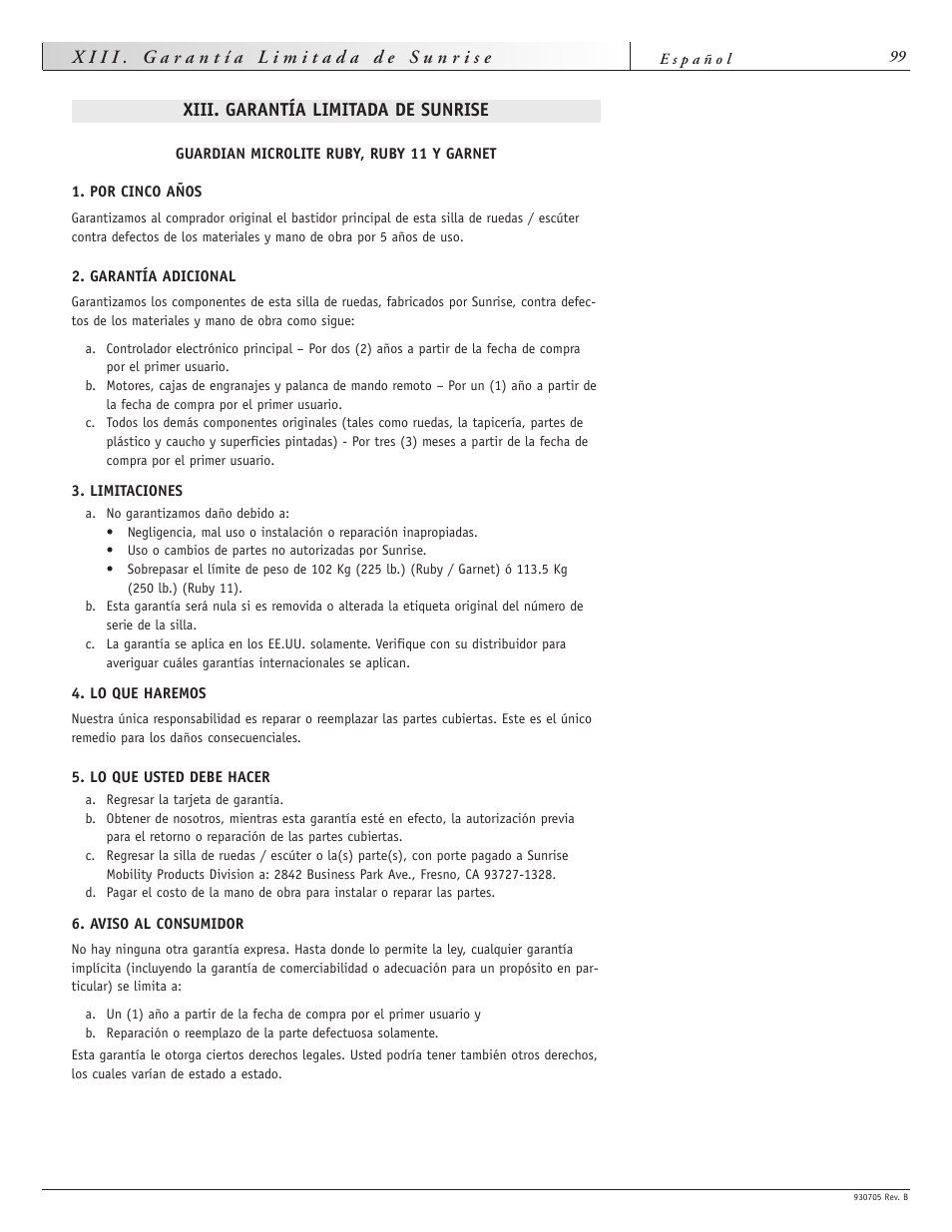 Xiii. garantía limitada de sunrise | Sunrise Medical Ruby User Manual | Page 99 / 100