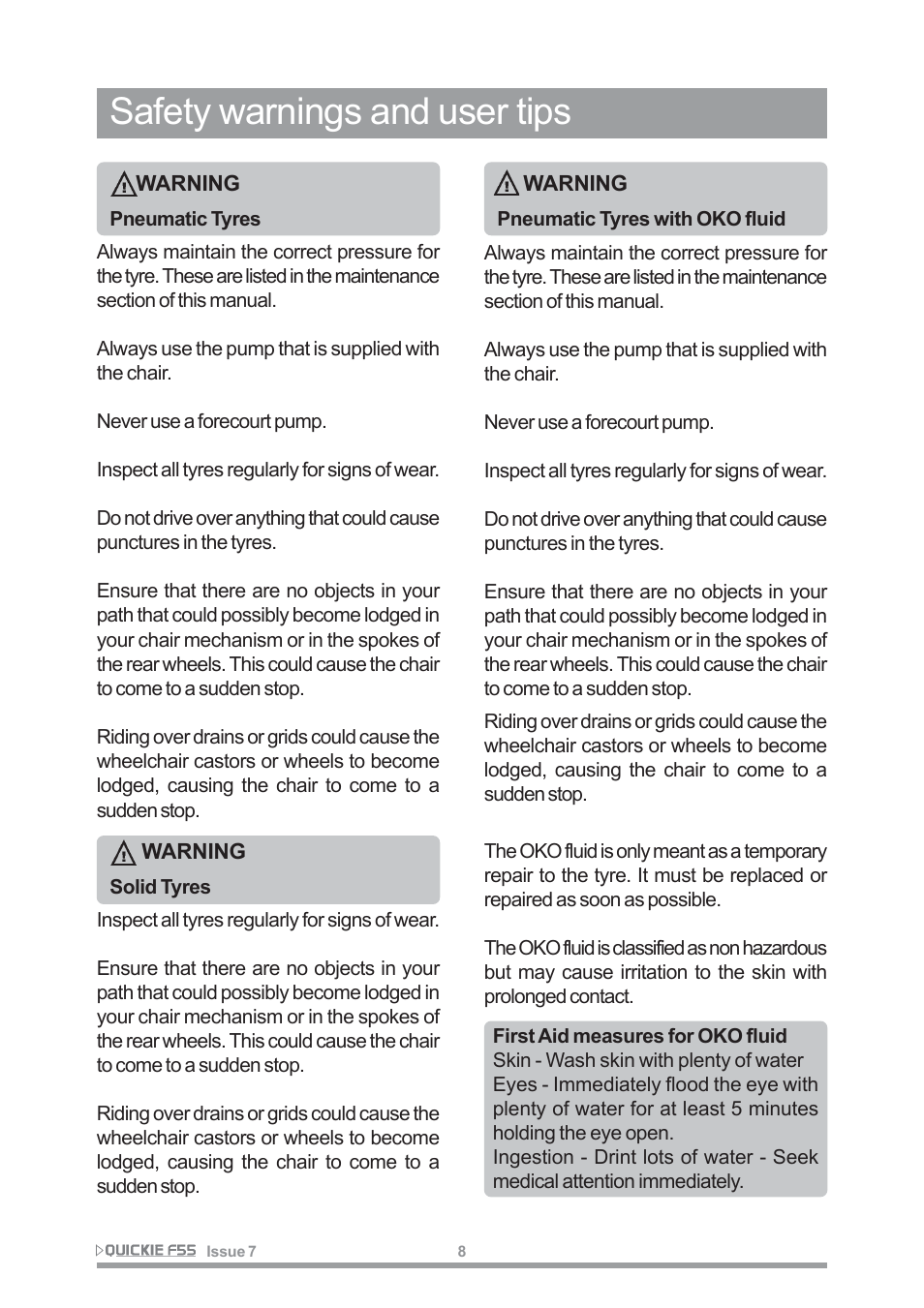 Safety warnings and user tips | Sunrise Medical QUICKIE F55 User Manual | Page 10 / 77