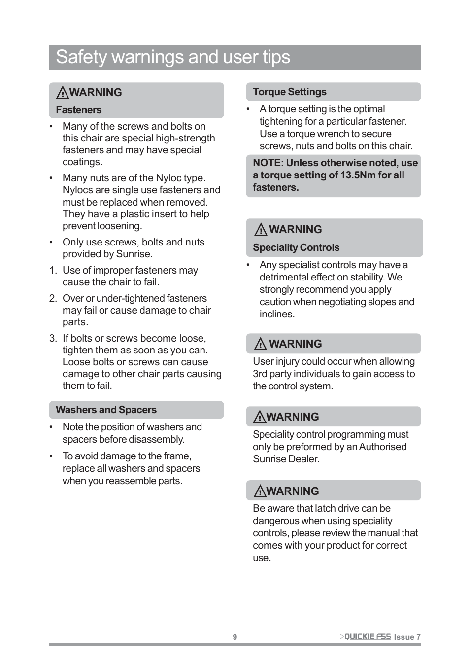 Safety warnings and user tips | Sunrise Medical QUICKIE F55 User Manual | Page 11 / 77