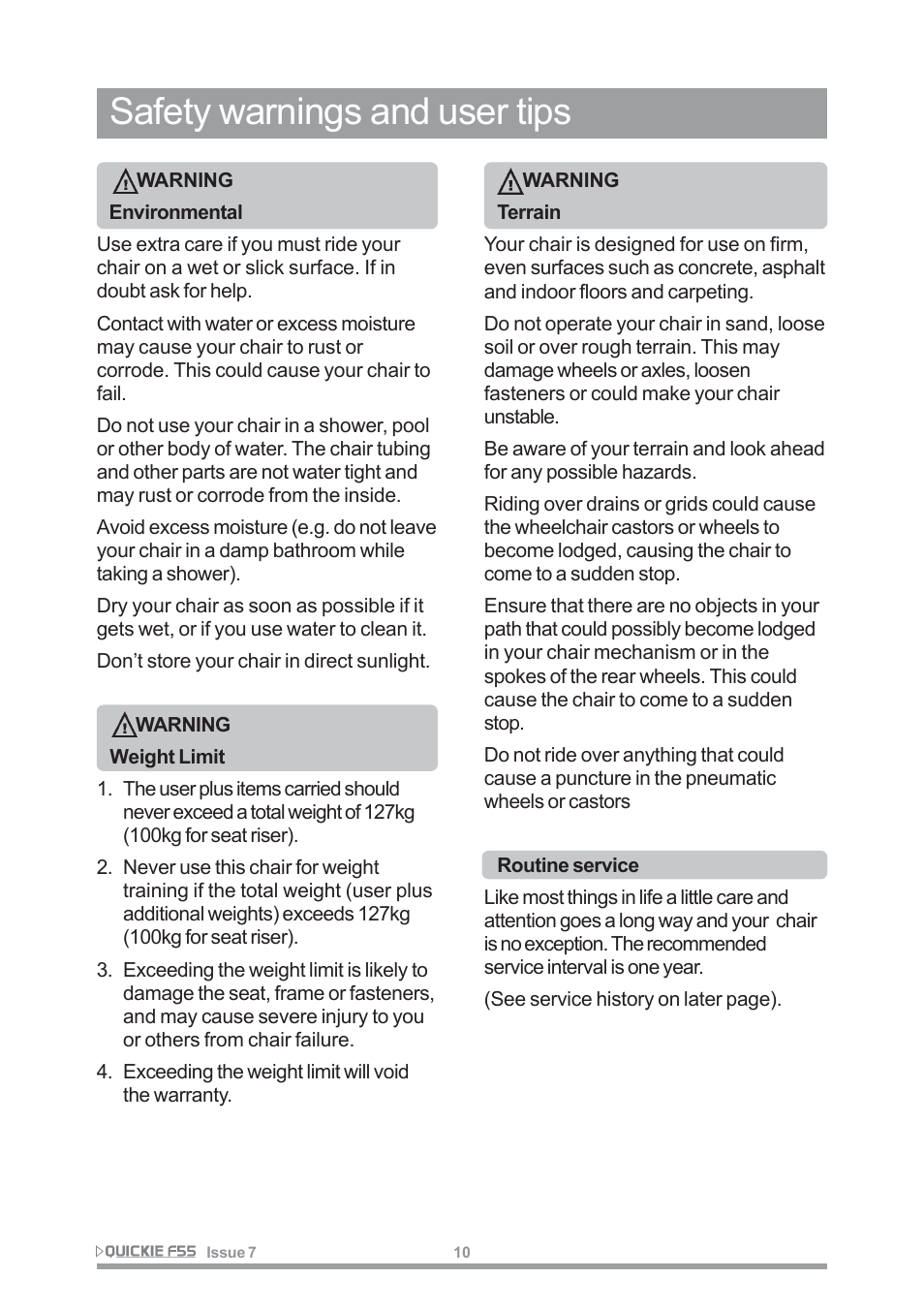 Safety warnings and user tips | Sunrise Medical QUICKIE F55 User Manual | Page 12 / 77