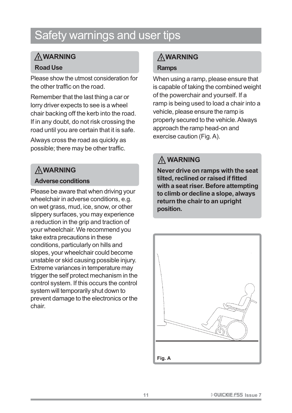 Safety warnings and user tips | Sunrise Medical QUICKIE F55 User Manual | Page 13 / 77