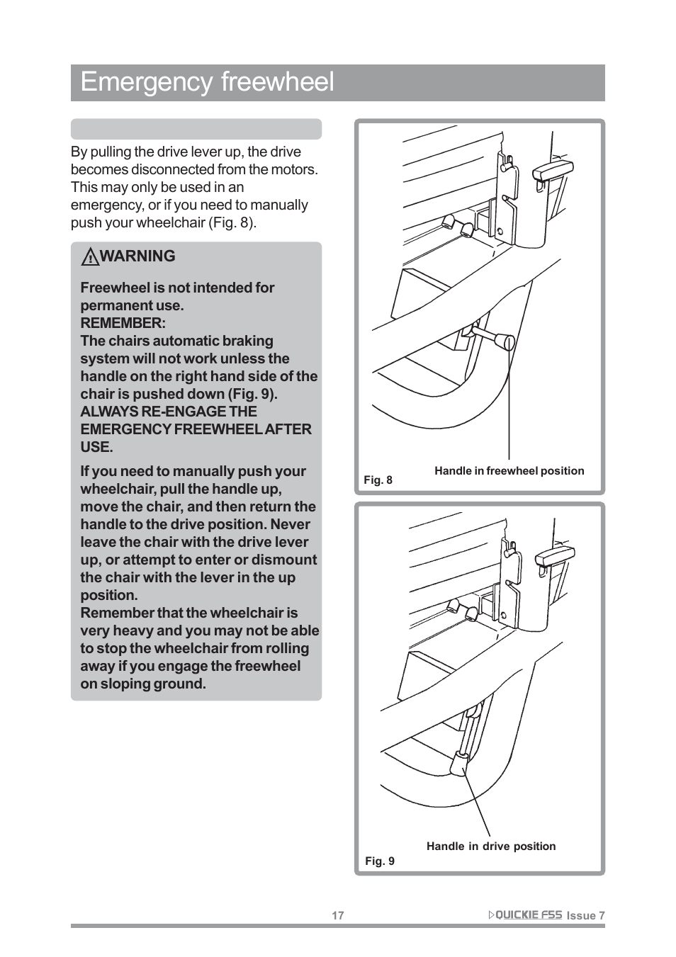 Emergency freewheel | Sunrise Medical QUICKIE F55 User Manual | Page 19 / 77