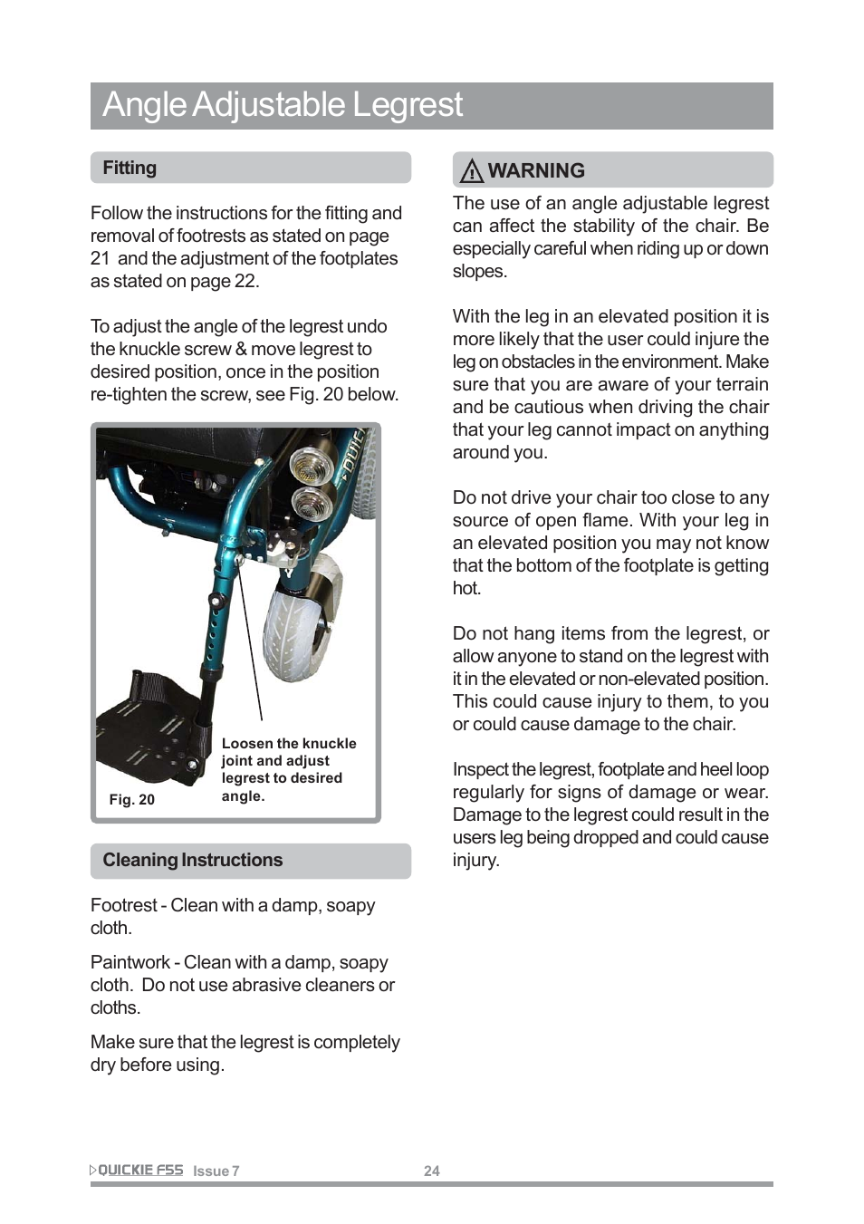 Angle adjustable legrest | Sunrise Medical QUICKIE F55 User Manual | Page 26 / 77