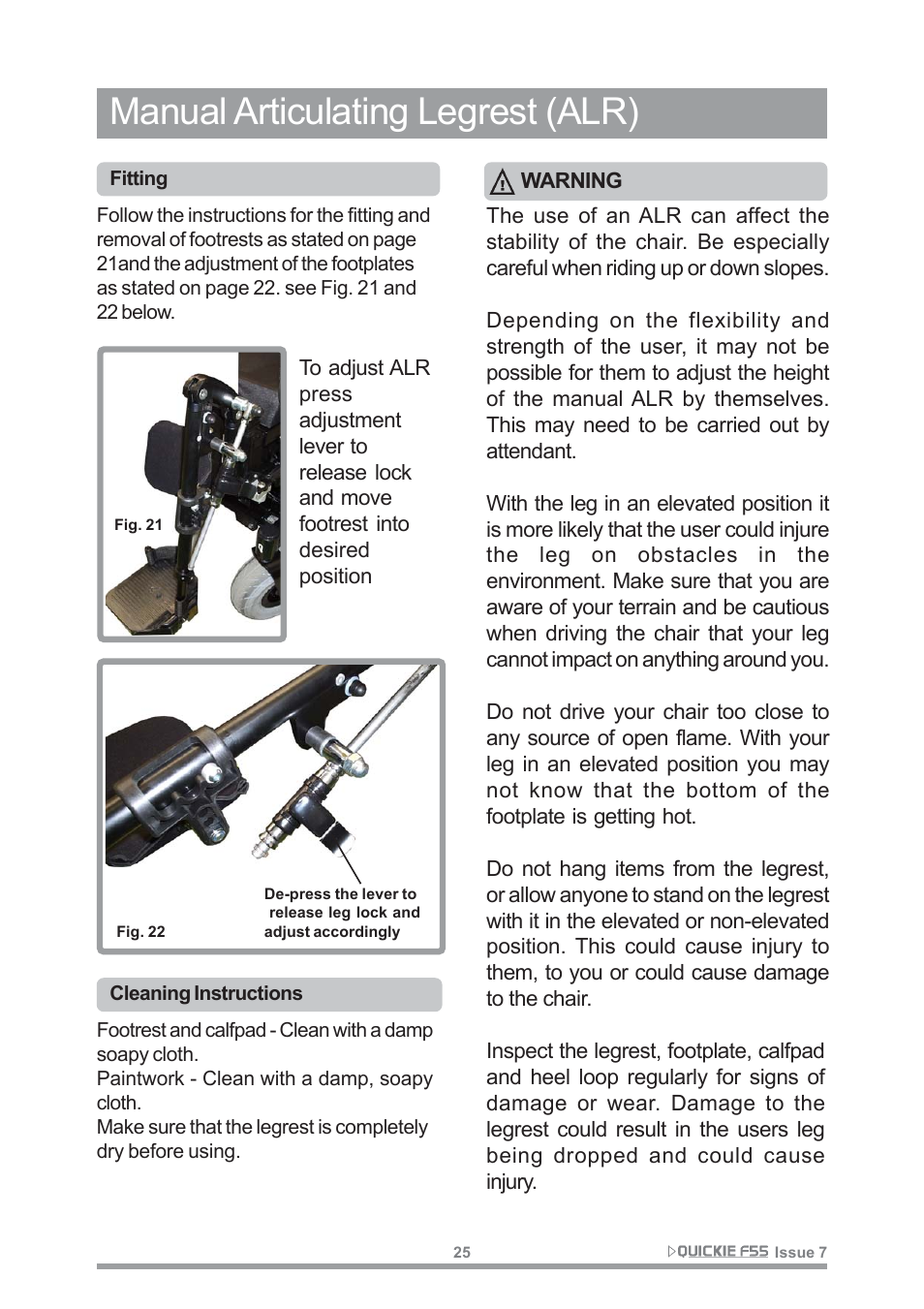 Manual articulating legrest (alr) | Sunrise Medical QUICKIE F55 User Manual | Page 27 / 77