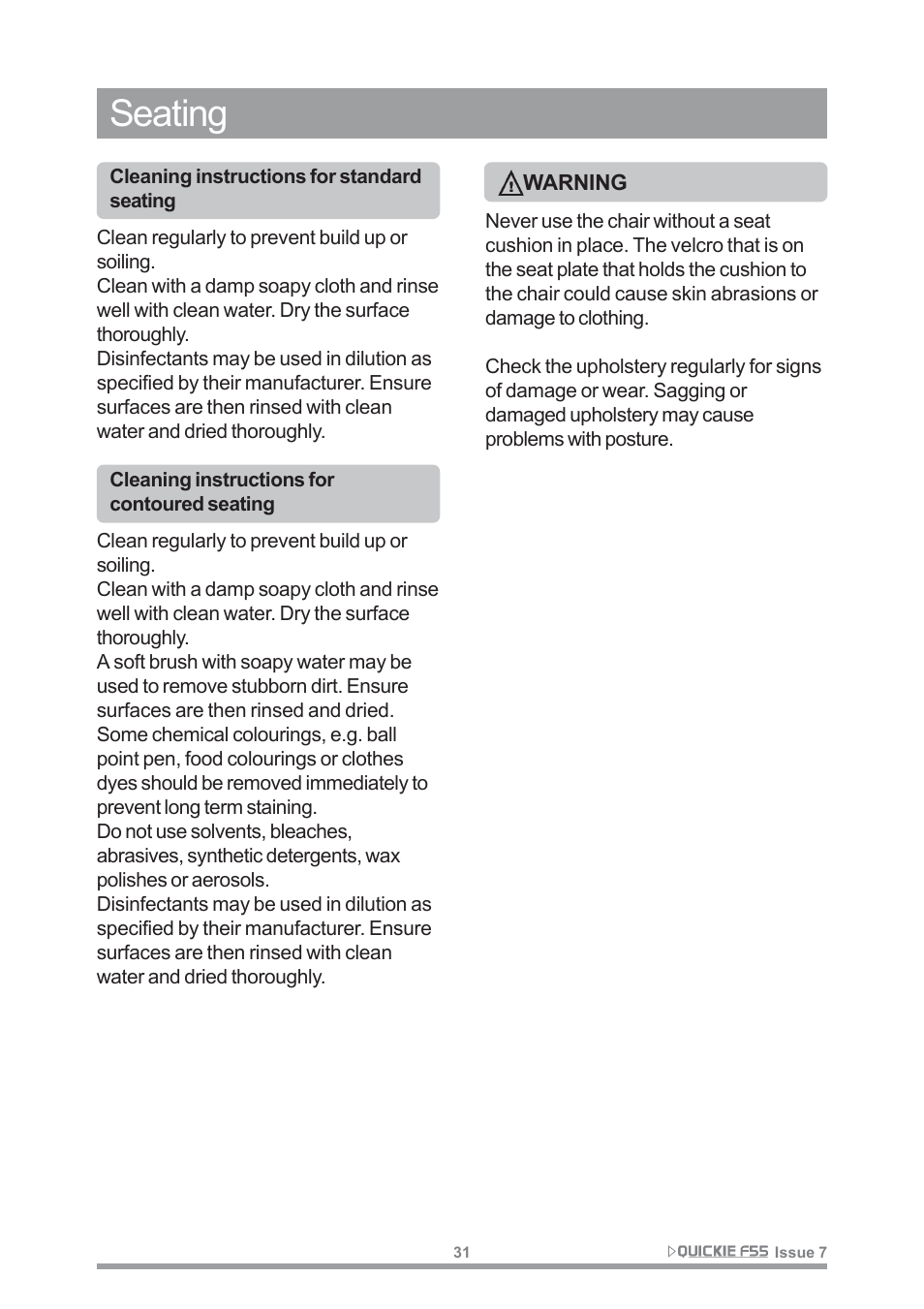 Seating | Sunrise Medical QUICKIE F55 User Manual | Page 33 / 77