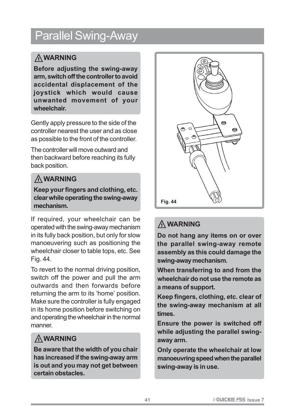 Parallel swing-away | Sunrise Medical QUICKIE F55 User Manual | Page 43 / 77