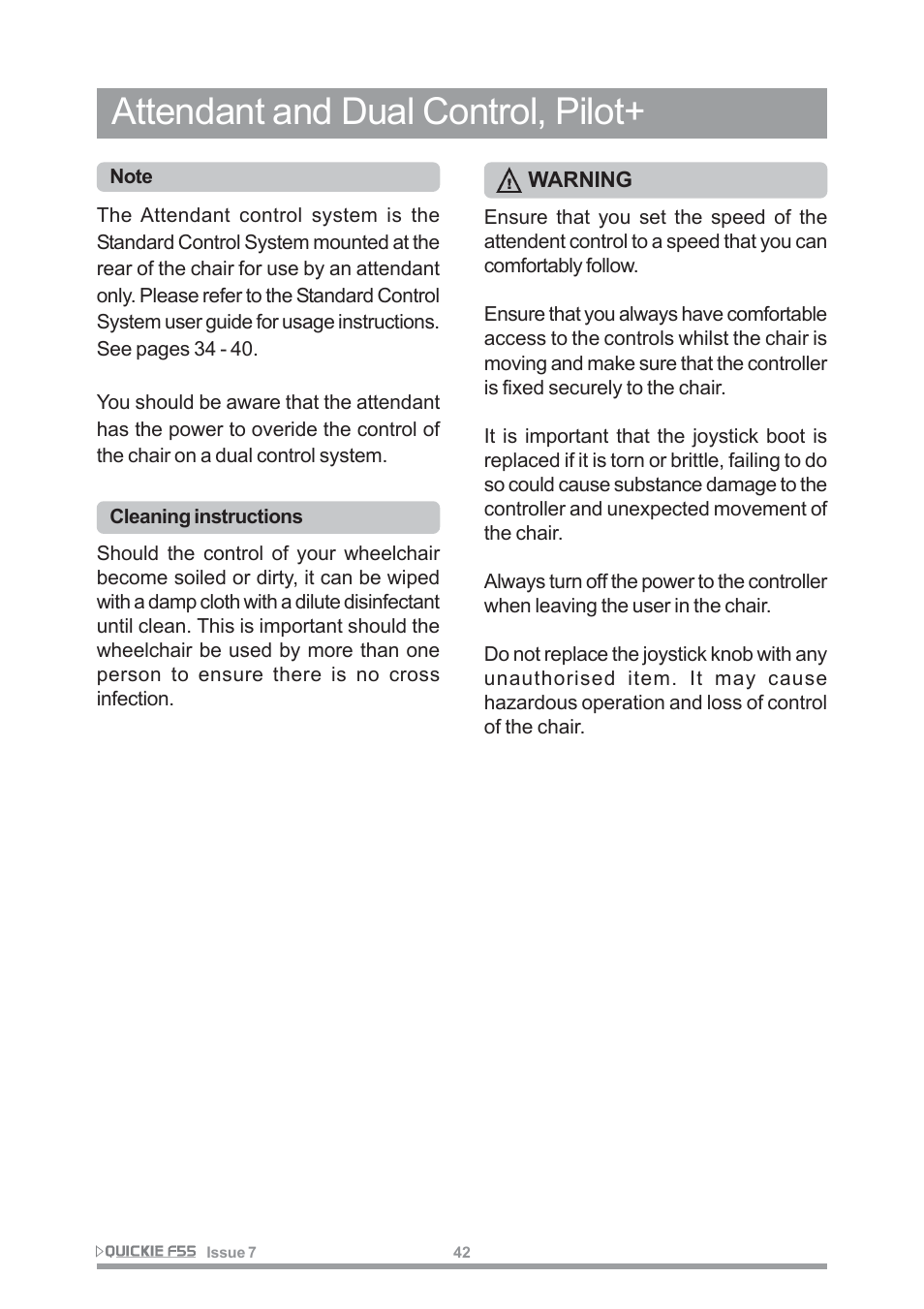 Attendant and dual control, pilot | Sunrise Medical QUICKIE F55 User Manual | Page 44 / 77