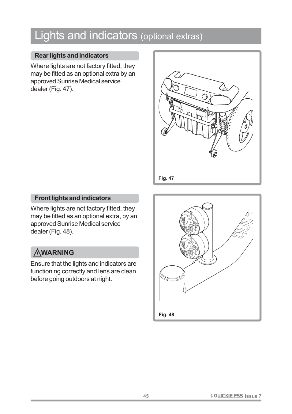 Lights and indicators, Optional extras) | Sunrise Medical QUICKIE F55 User Manual | Page 47 / 77