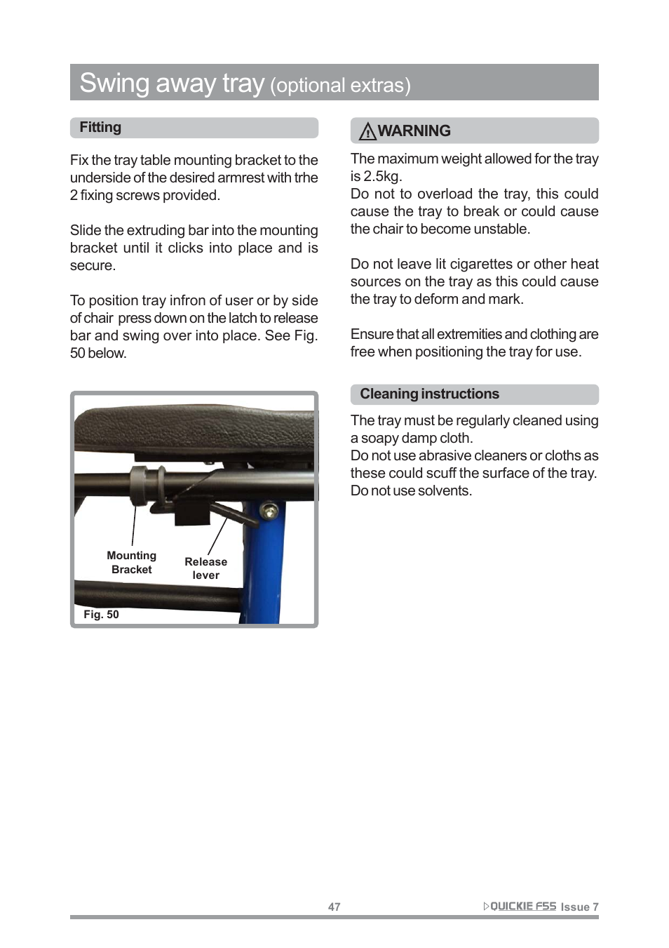 Swing away tray, Optional extras) | Sunrise Medical QUICKIE F55 User Manual | Page 49 / 77