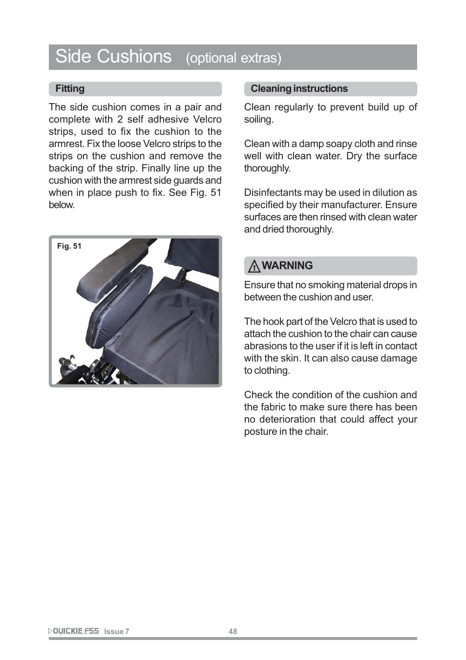 Side cushions, Optional extras) | Sunrise Medical QUICKIE F55 User Manual | Page 50 / 77