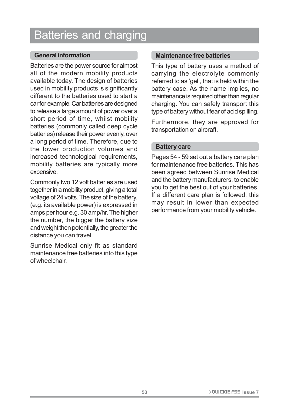 Batteries and charging | Sunrise Medical QUICKIE F55 User Manual | Page 55 / 77