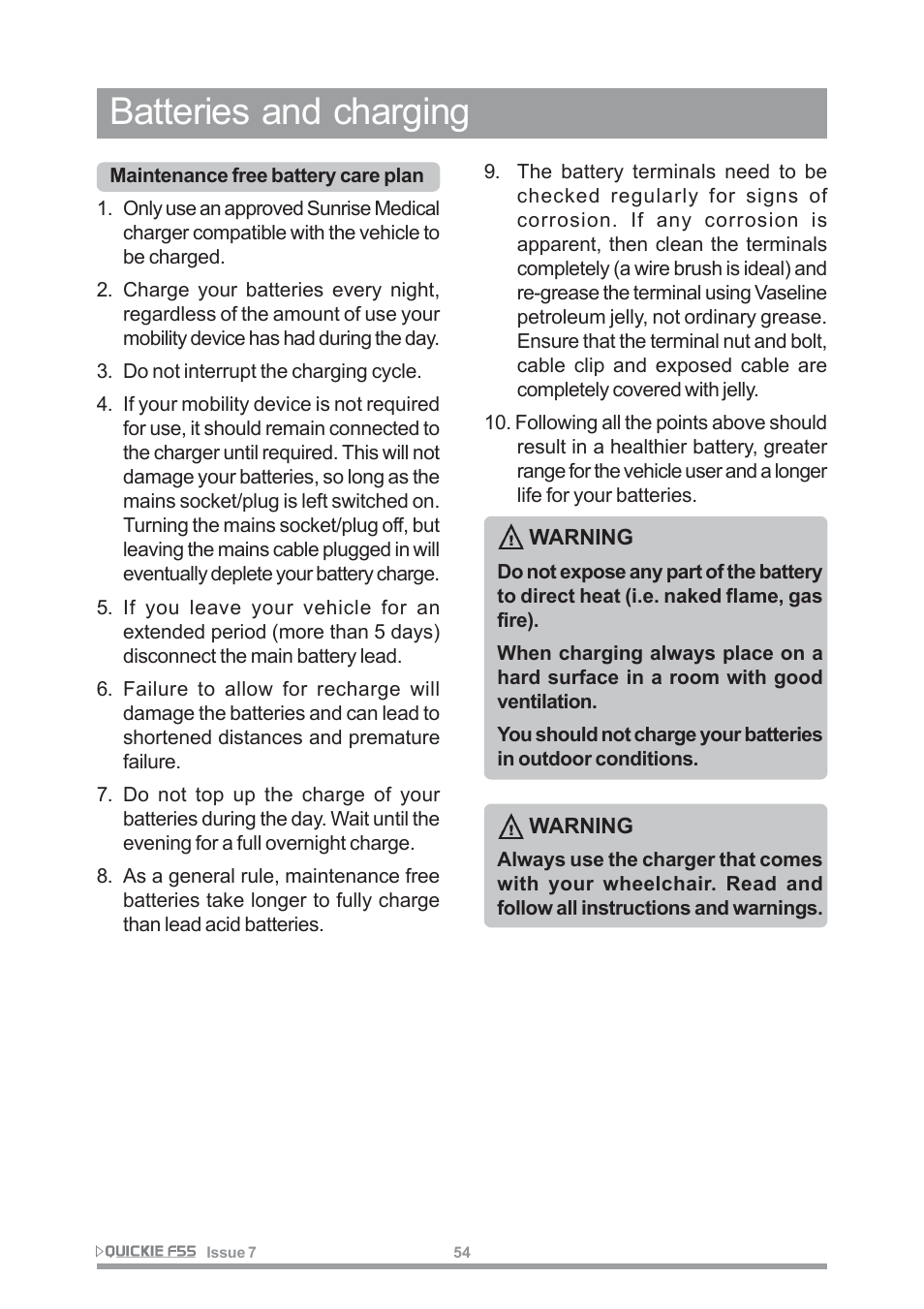 Batteries and charging | Sunrise Medical QUICKIE F55 User Manual | Page 56 / 77