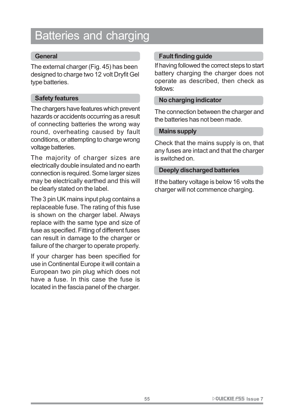 Batteries and charging | Sunrise Medical QUICKIE F55 User Manual | Page 57 / 77