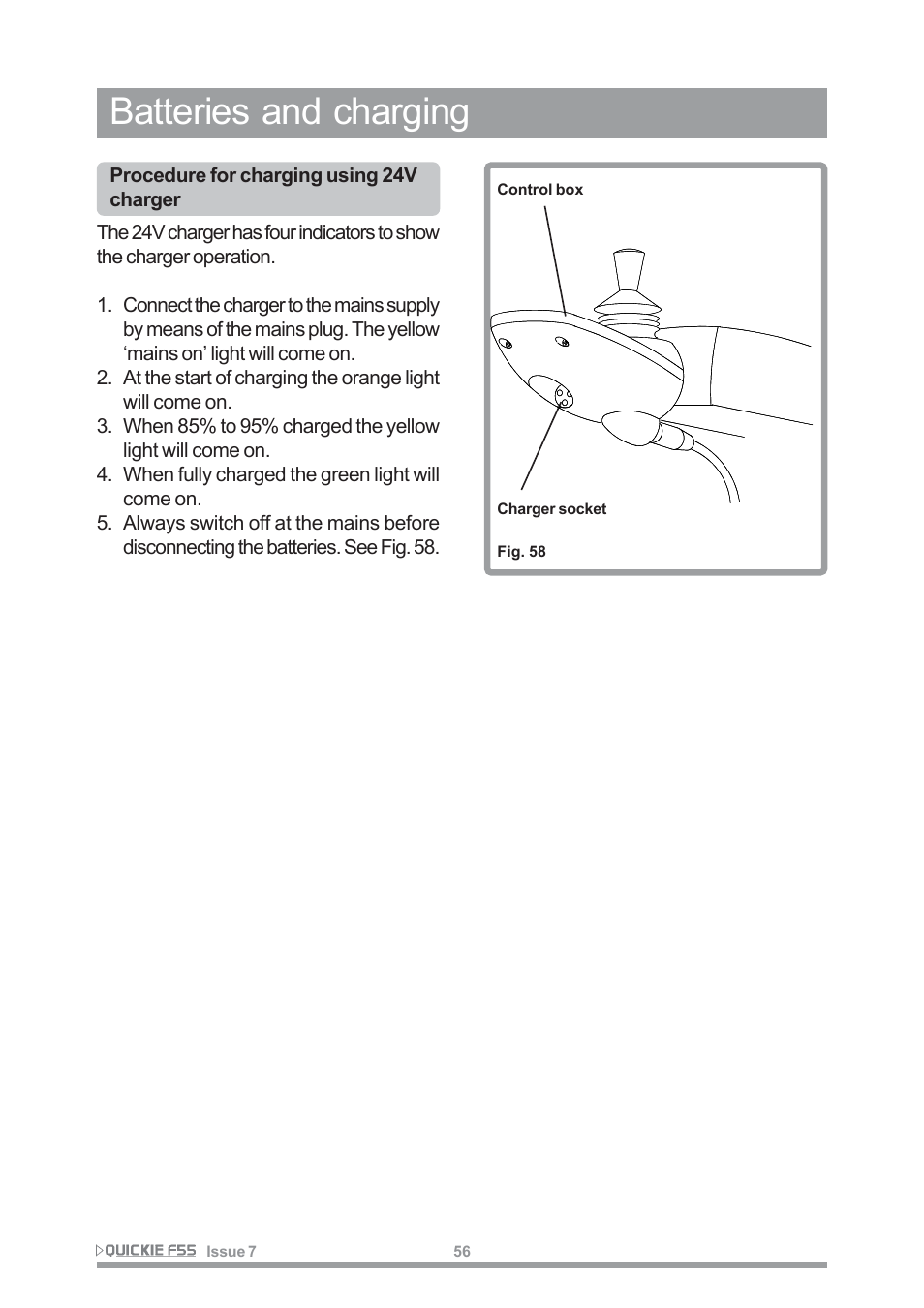 Batteries and charging | Sunrise Medical QUICKIE F55 User Manual | Page 58 / 77