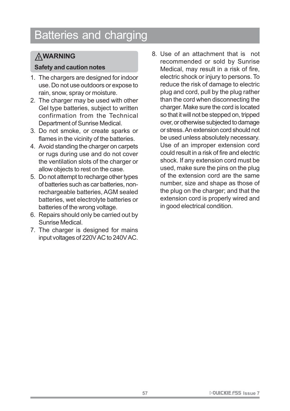 Batteries and charging | Sunrise Medical QUICKIE F55 User Manual | Page 59 / 77