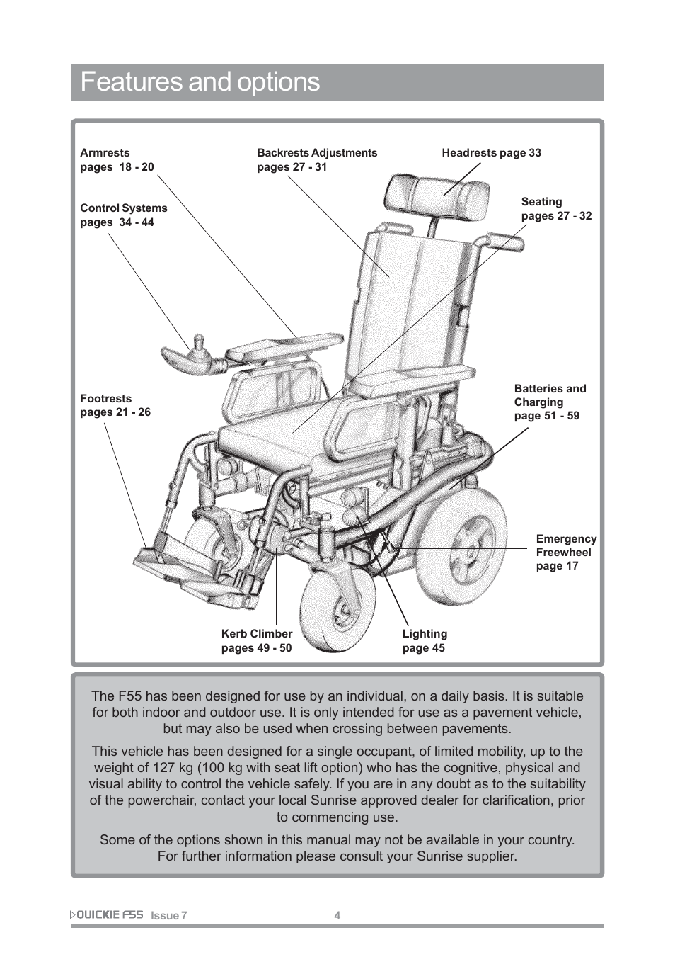 Features and options | Sunrise Medical QUICKIE F55 User Manual | Page 6 / 77