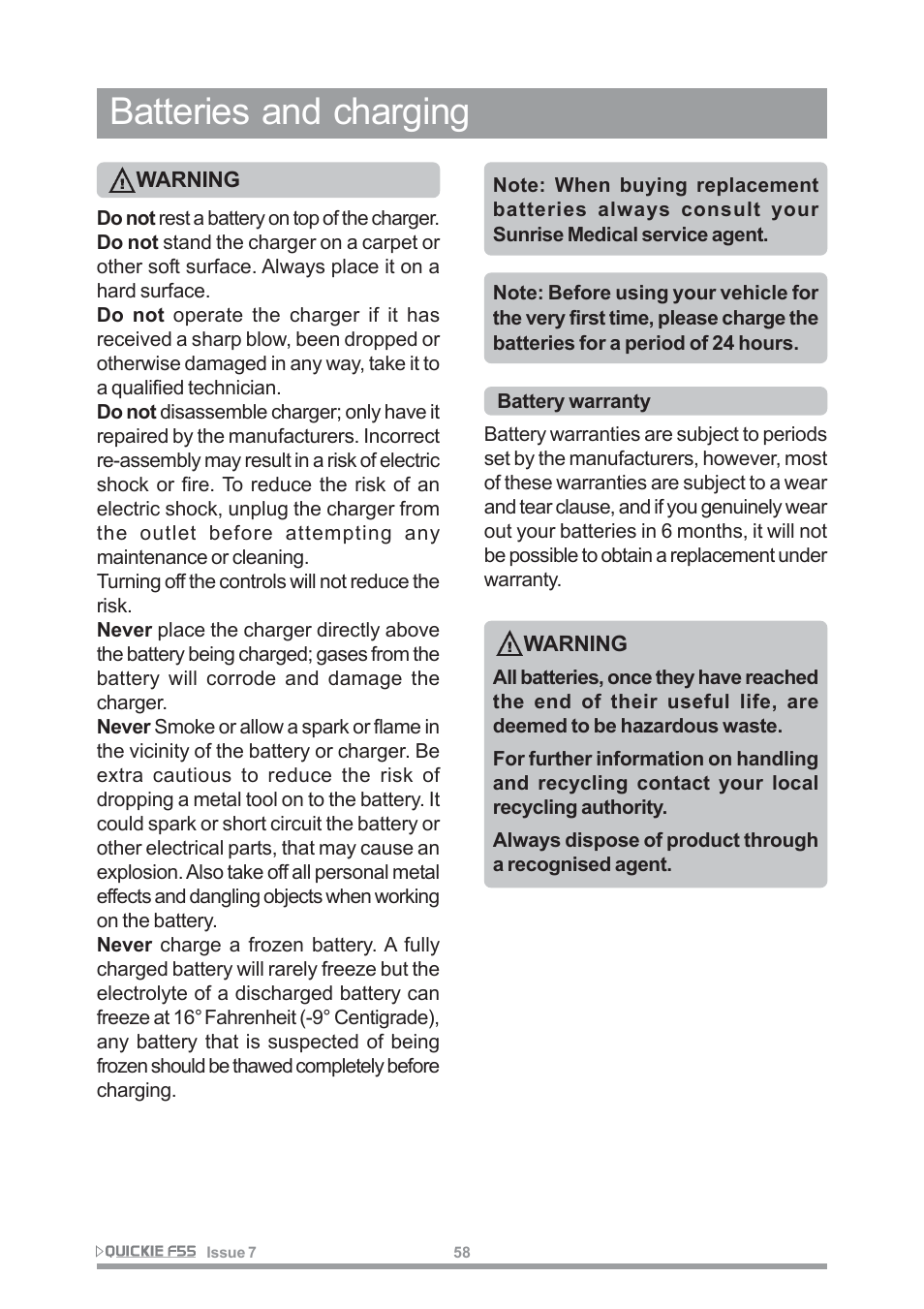 Batteries and charging | Sunrise Medical QUICKIE F55 User Manual | Page 60 / 77