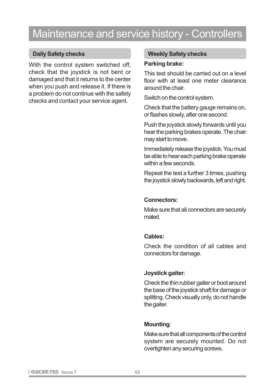 Maintenance and service history - controllers | Sunrise Medical QUICKIE F55 User Manual | Page 64 / 77