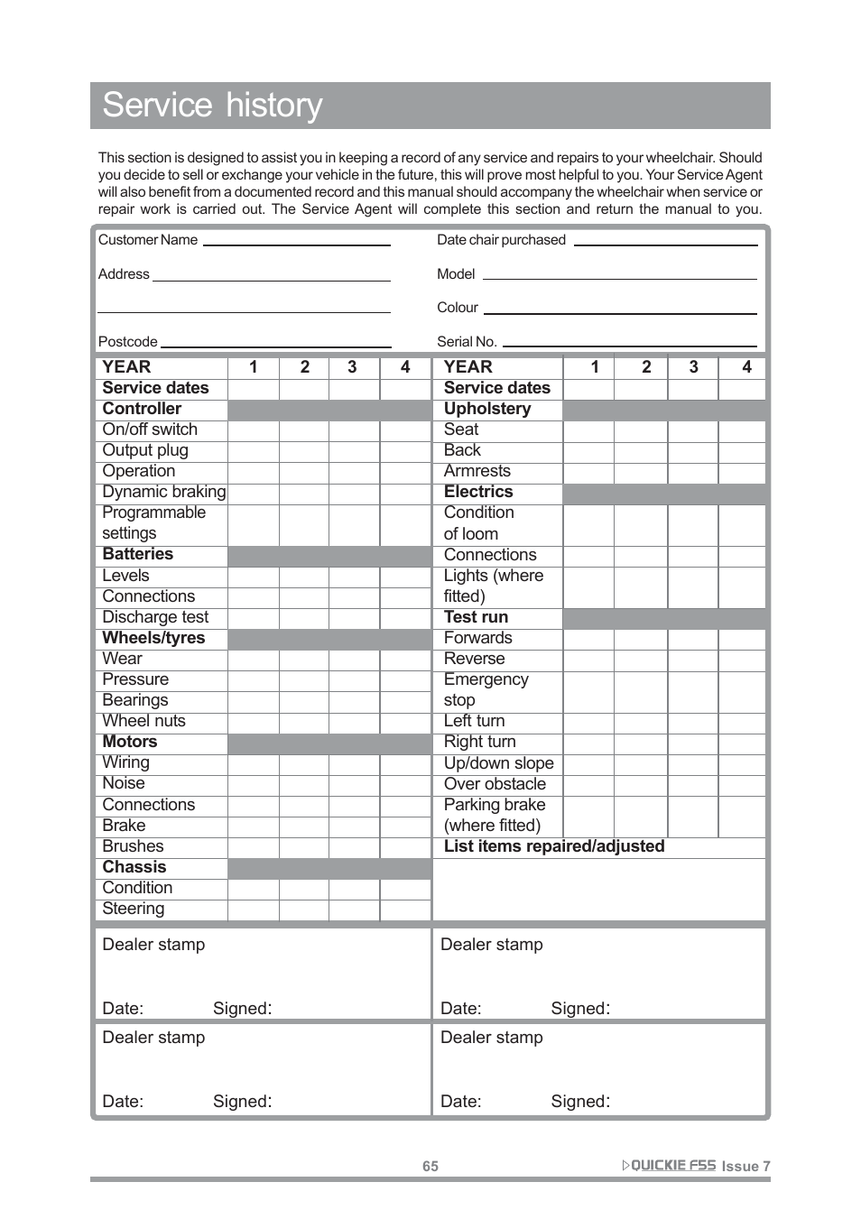 Service history | Sunrise Medical QUICKIE F55 User Manual | Page 67 / 77