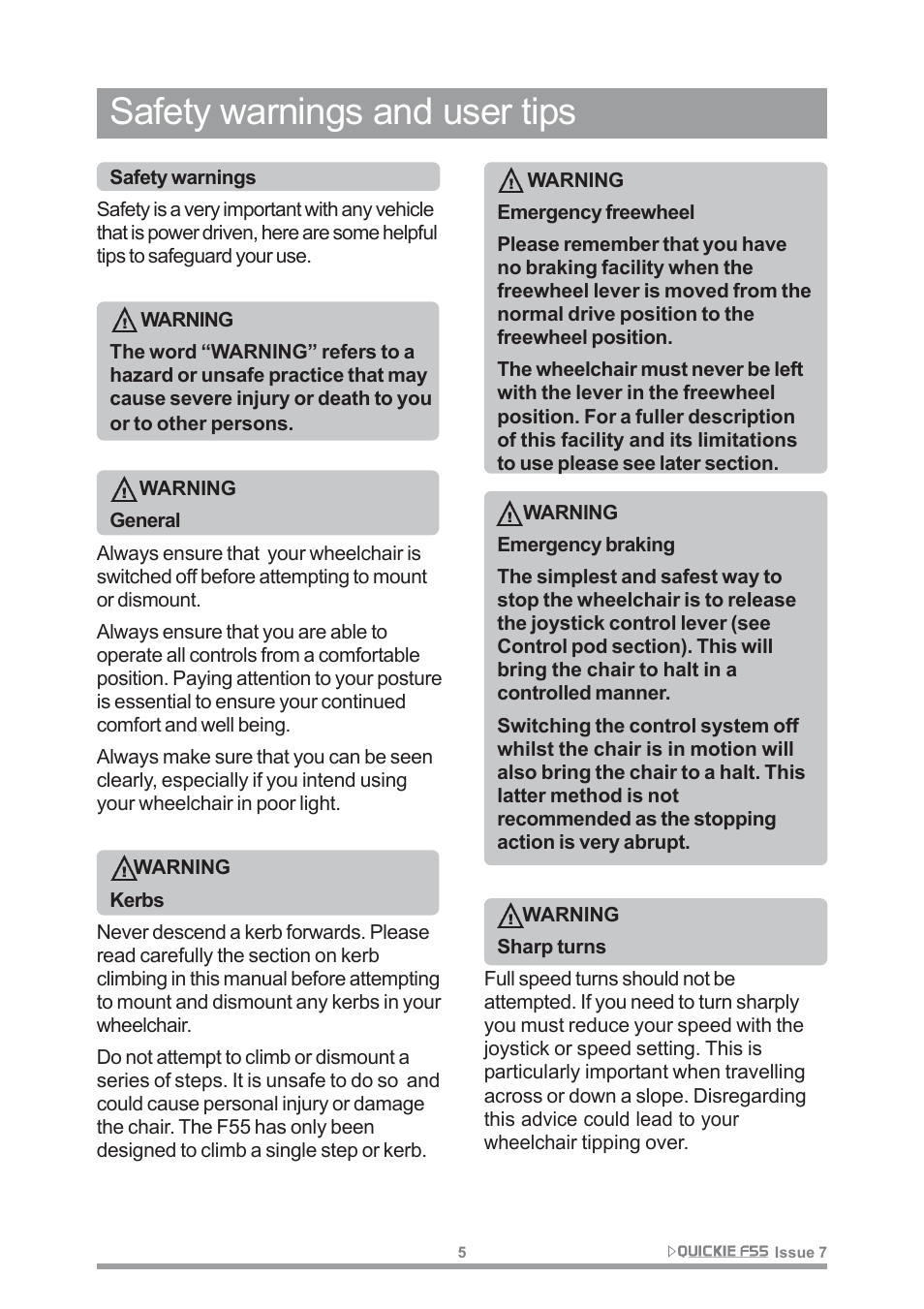 Safety warnings and user tips | Sunrise Medical QUICKIE F55 User Manual | Page 7 / 77