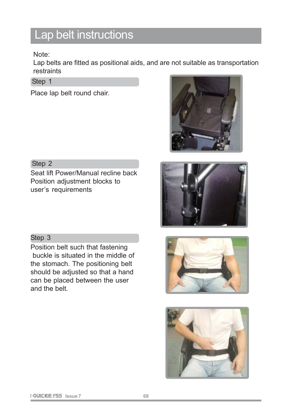 Lap belt instructions | Sunrise Medical QUICKIE F55 User Manual | Page 70 / 77