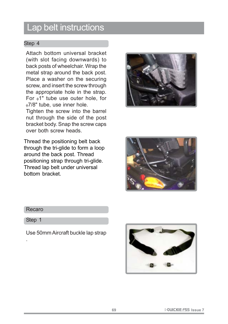 Lap belt instructions | Sunrise Medical QUICKIE F55 User Manual | Page 71 / 77