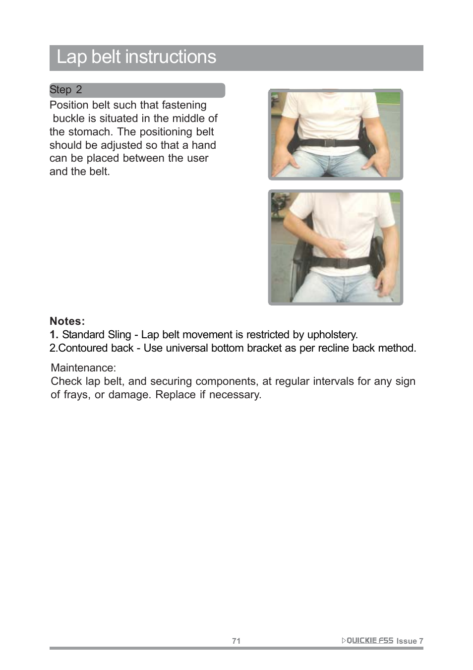 Lap belt instructions | Sunrise Medical QUICKIE F55 User Manual | Page 73 / 77