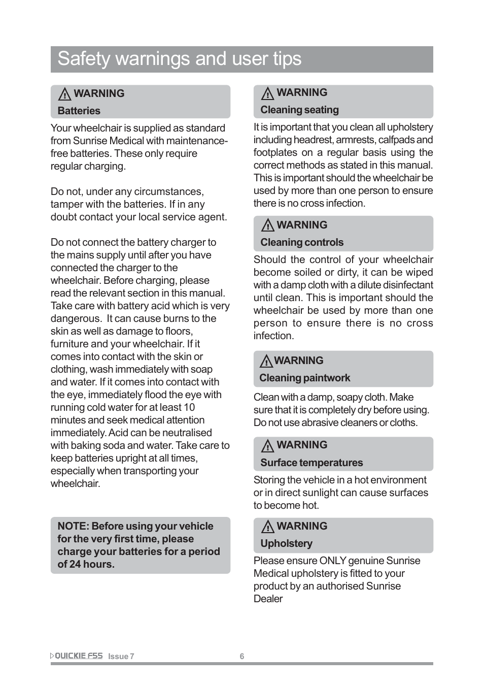 Safety warnings and user tips | Sunrise Medical QUICKIE F55 User Manual | Page 8 / 77