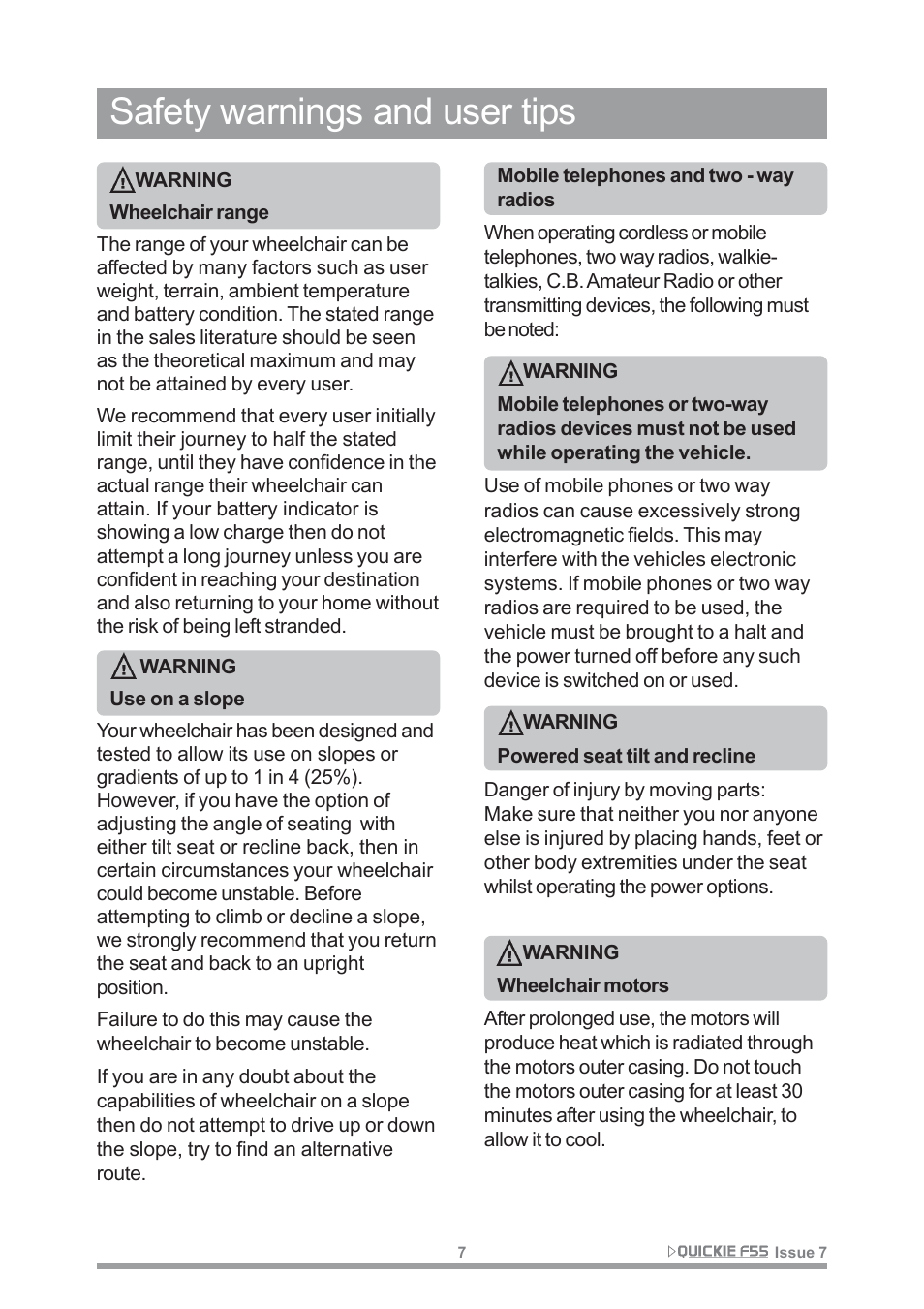 Safety warnings and user tips | Sunrise Medical QUICKIE F55 User Manual | Page 9 / 77