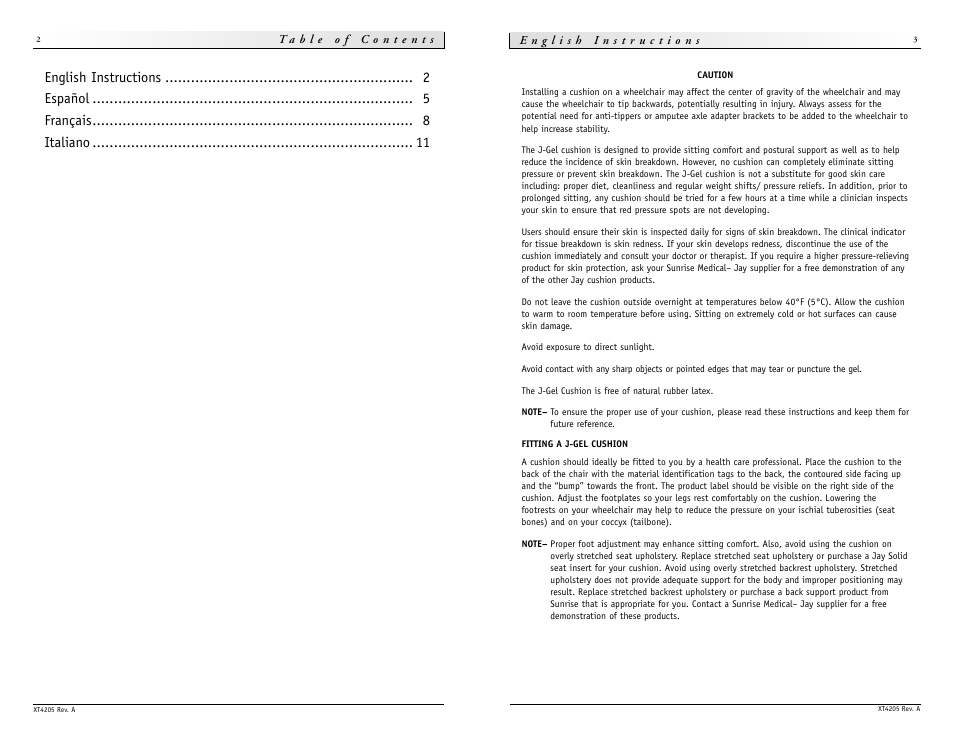 English instructions español français italiano | Sunrise Medical Cushion J-Gel User Manual | Page 2 / 9