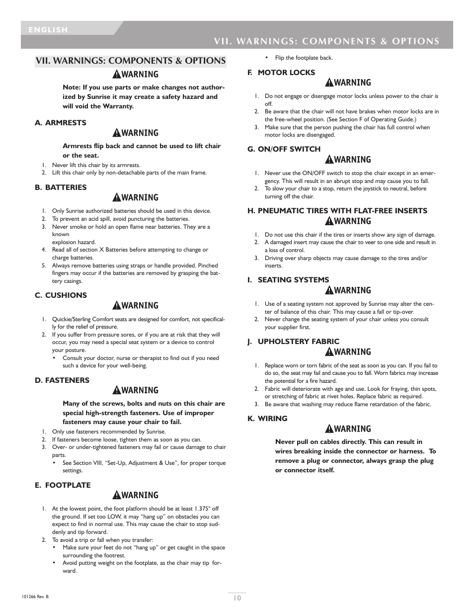 Vii. warnings: components & options | Sunrise Medical Sterling User Manual | Page 10 / 56