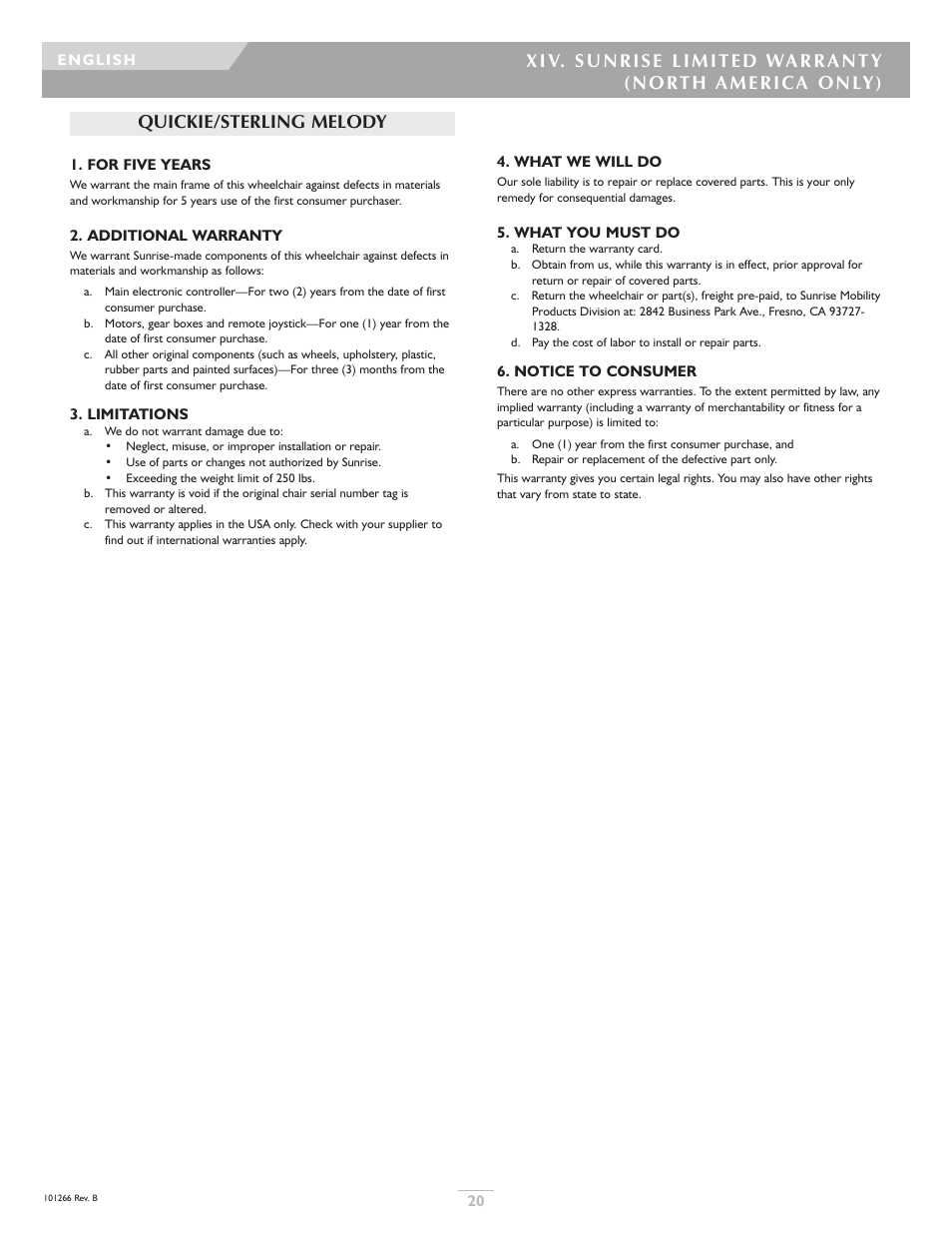 Quickie/sterling melody | Sunrise Medical Sterling User Manual | Page 20 / 56