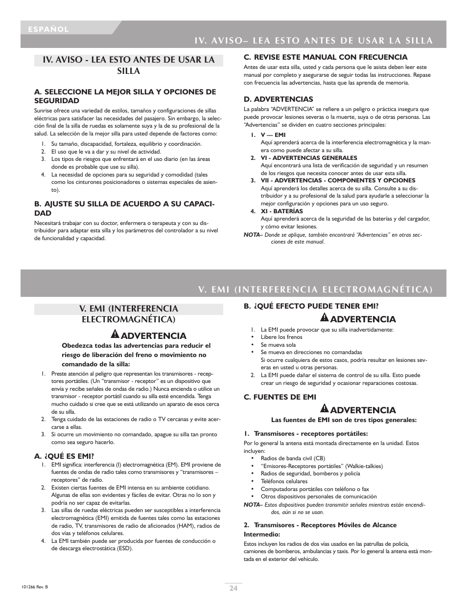 Iv. aviso - lea esto antes de usar la silla, Advertencia | Sunrise Medical Sterling User Manual | Page 24 / 56