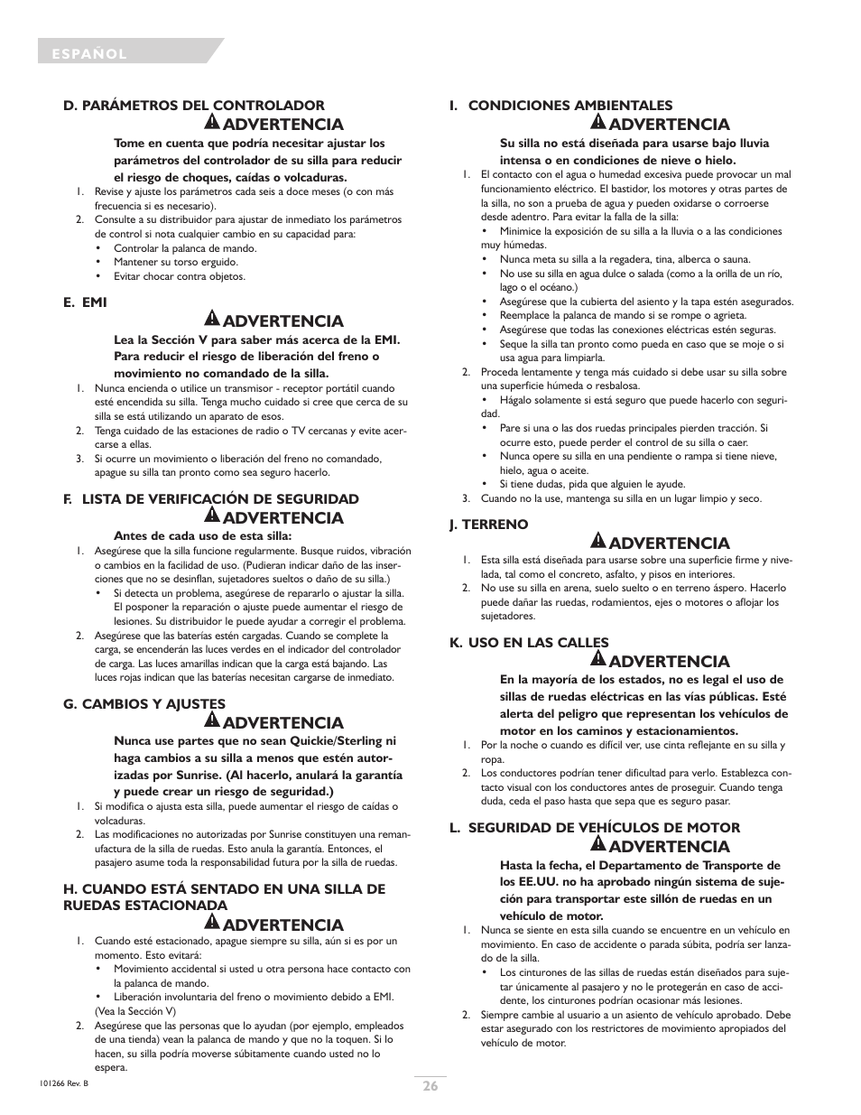 Advertencia | Sunrise Medical Sterling User Manual | Page 26 / 56
