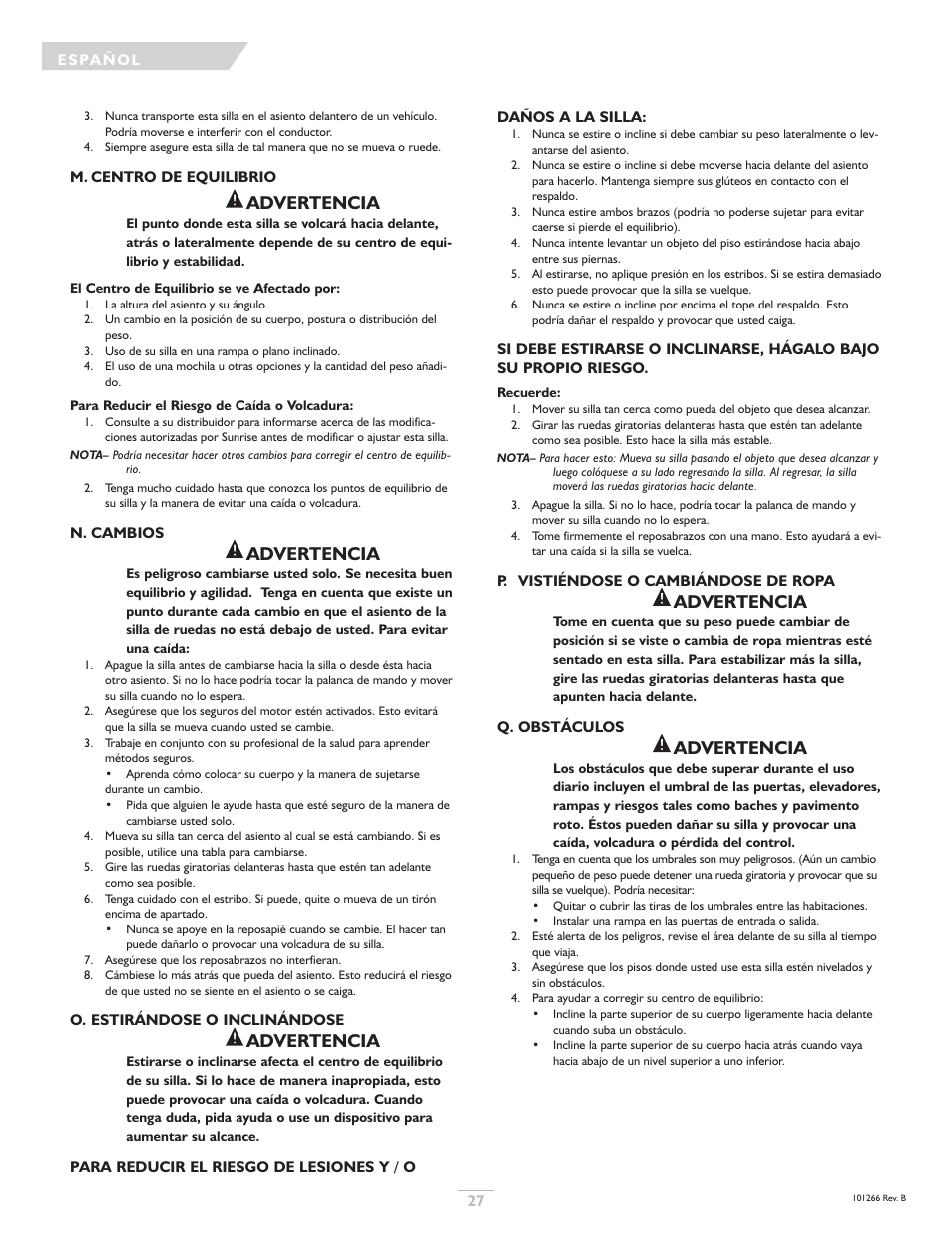 Advertencia | Sunrise Medical Sterling User Manual | Page 27 / 56