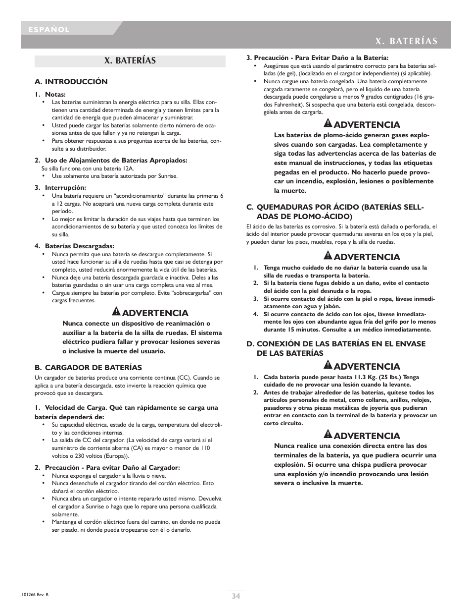 Advertencia, X. baterías | Sunrise Medical Sterling User Manual | Page 34 / 56