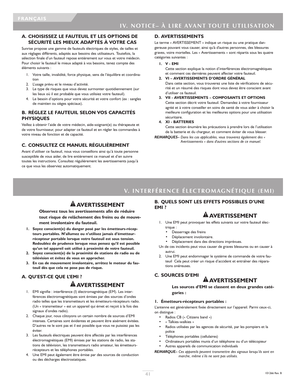 Avertissement | Sunrise Medical Sterling User Manual | Page 41 / 56