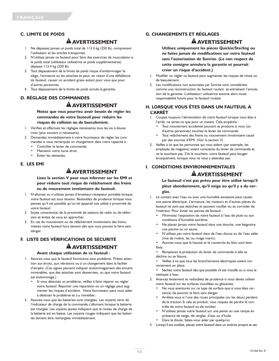 Avertissement | Sunrise Medical Sterling User Manual | Page 43 / 56