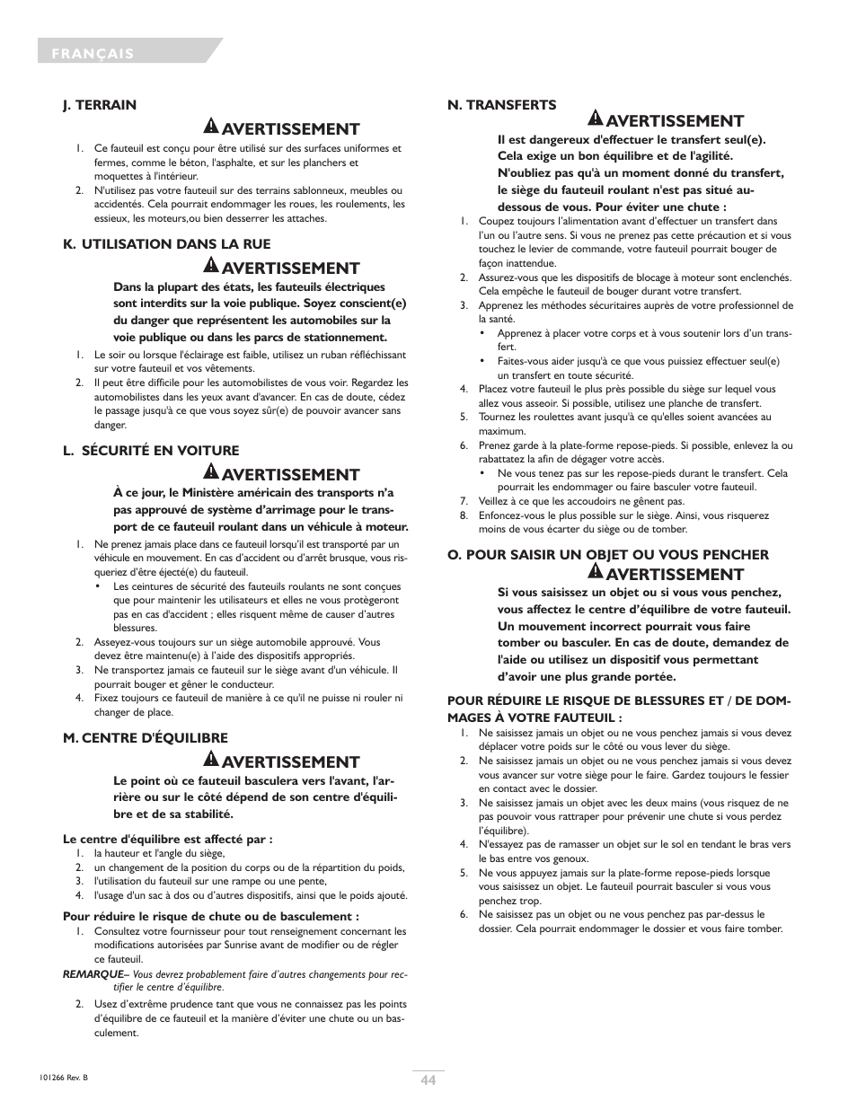 Avertissement | Sunrise Medical Sterling User Manual | Page 44 / 56