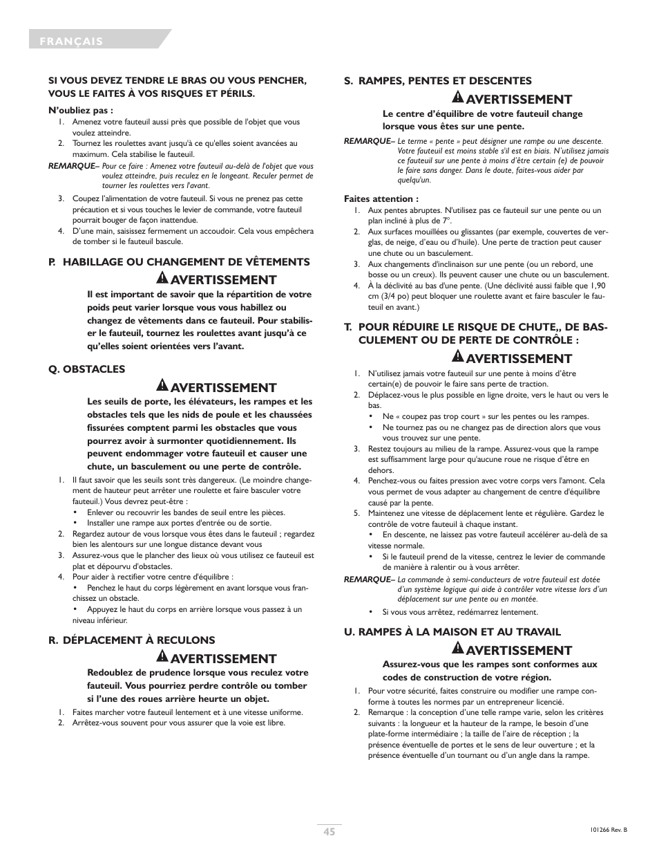 Avertissement | Sunrise Medical Sterling User Manual | Page 45 / 56