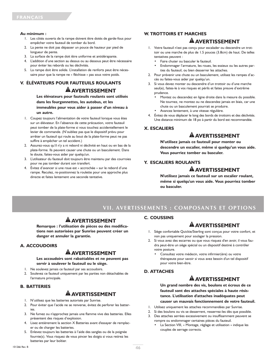 Avertissement | Sunrise Medical Sterling User Manual | Page 46 / 56