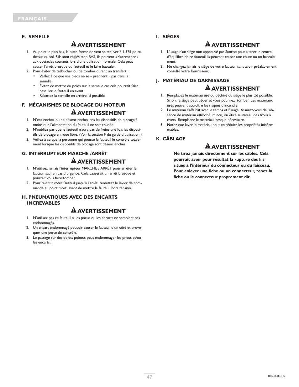 Avertissement | Sunrise Medical Sterling User Manual | Page 47 / 56