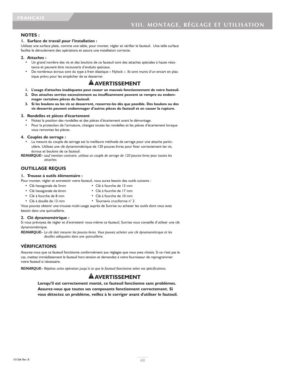 Avertissement | Sunrise Medical Sterling User Manual | Page 48 / 56
