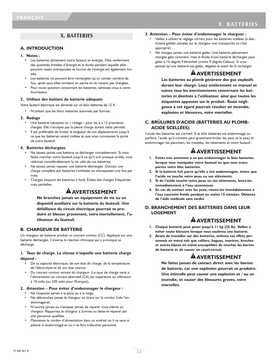 Avertissement, X. batteries | Sunrise Medical Sterling User Manual | Page 52 / 56
