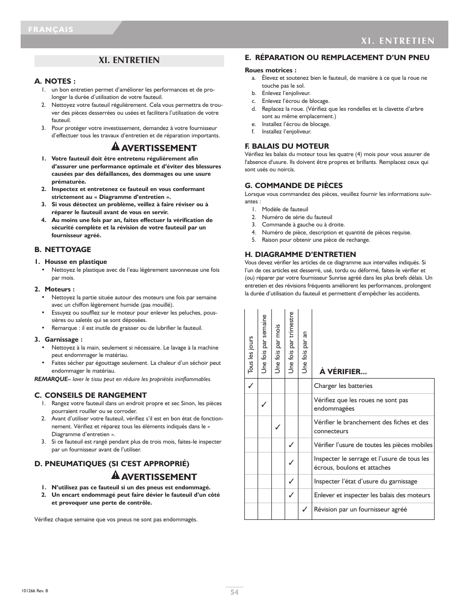 Xi. entretien, Avertissement | Sunrise Medical Sterling User Manual | Page 54 / 56