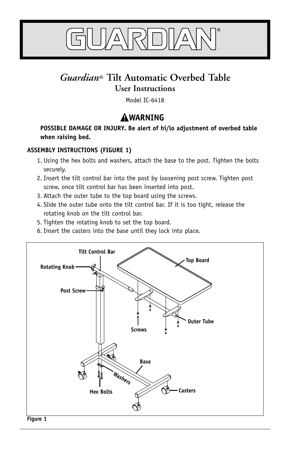 Sunrise Medical Guardian Tilt Automatic Overbed Table IC-6418 User Manual | 2 pages