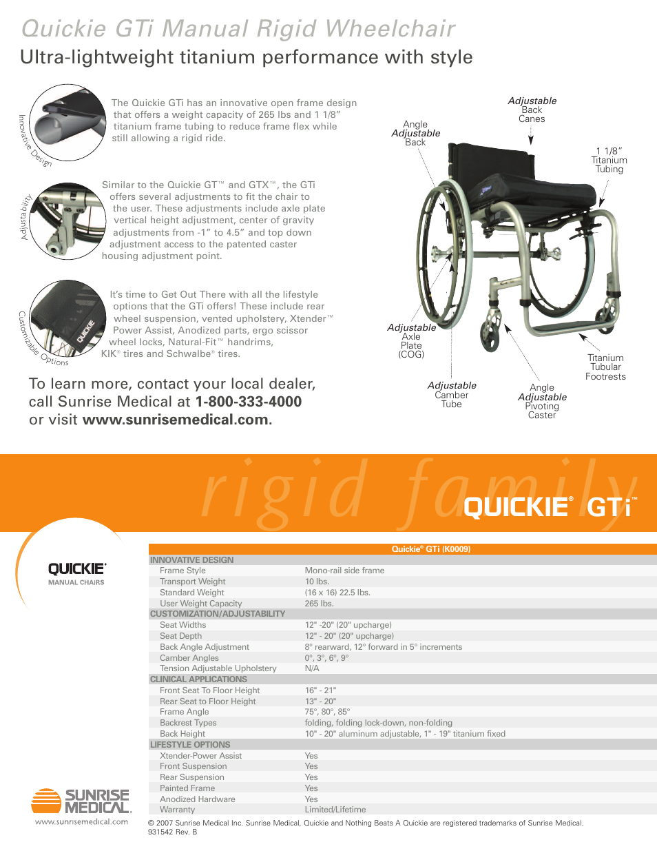 Quickie, Quickie gti manual rigid wheelchair, Ultra-lightweight titanium performance with style | Sunrise Medical LX User Manual | Page 2 / 2