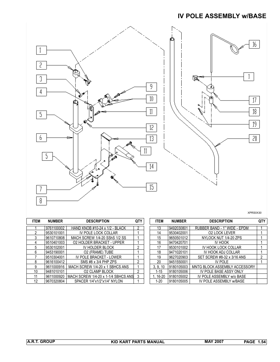 Iv pole assembly w/base | Sunrise Medical 2007 Kid Kart Stroller User Manual | Page 58 / 61