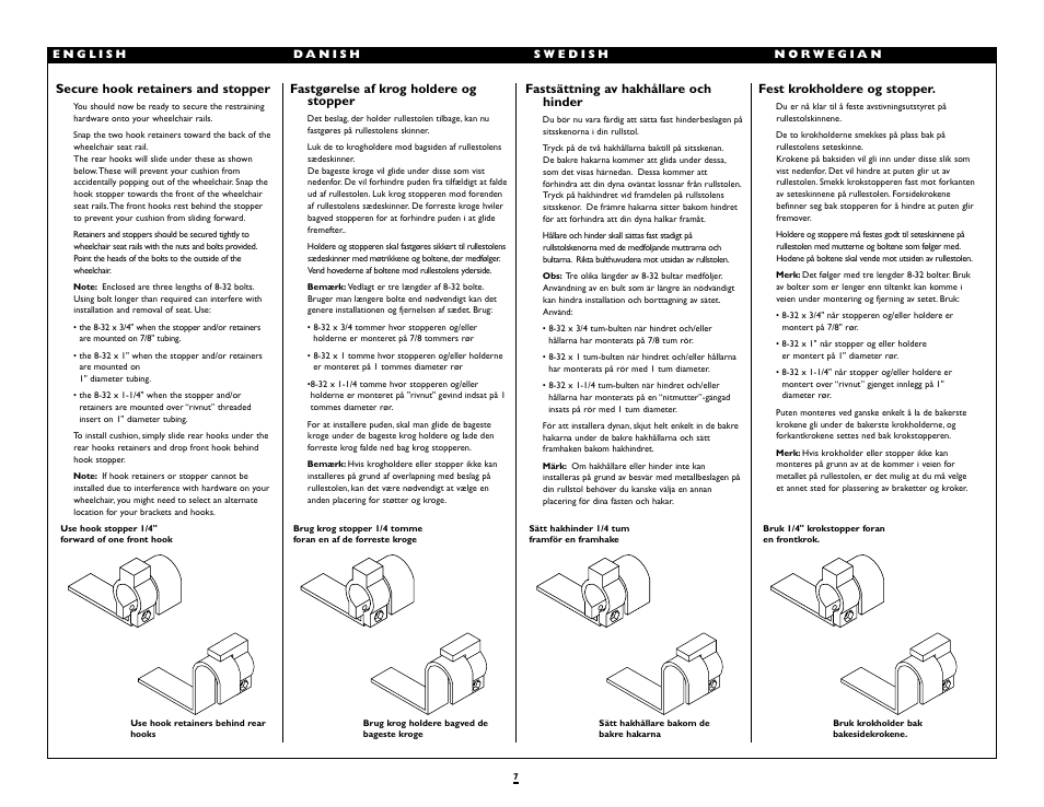 Secure hook retainers and stopper, Fastgørelse af krog holdere og stopper, Fastsättning av hakhållare och hinder | Fest krokholdere og stopper | Sunrise Medical Deep Contour Cushion J2 User Manual | Page 7 / 10