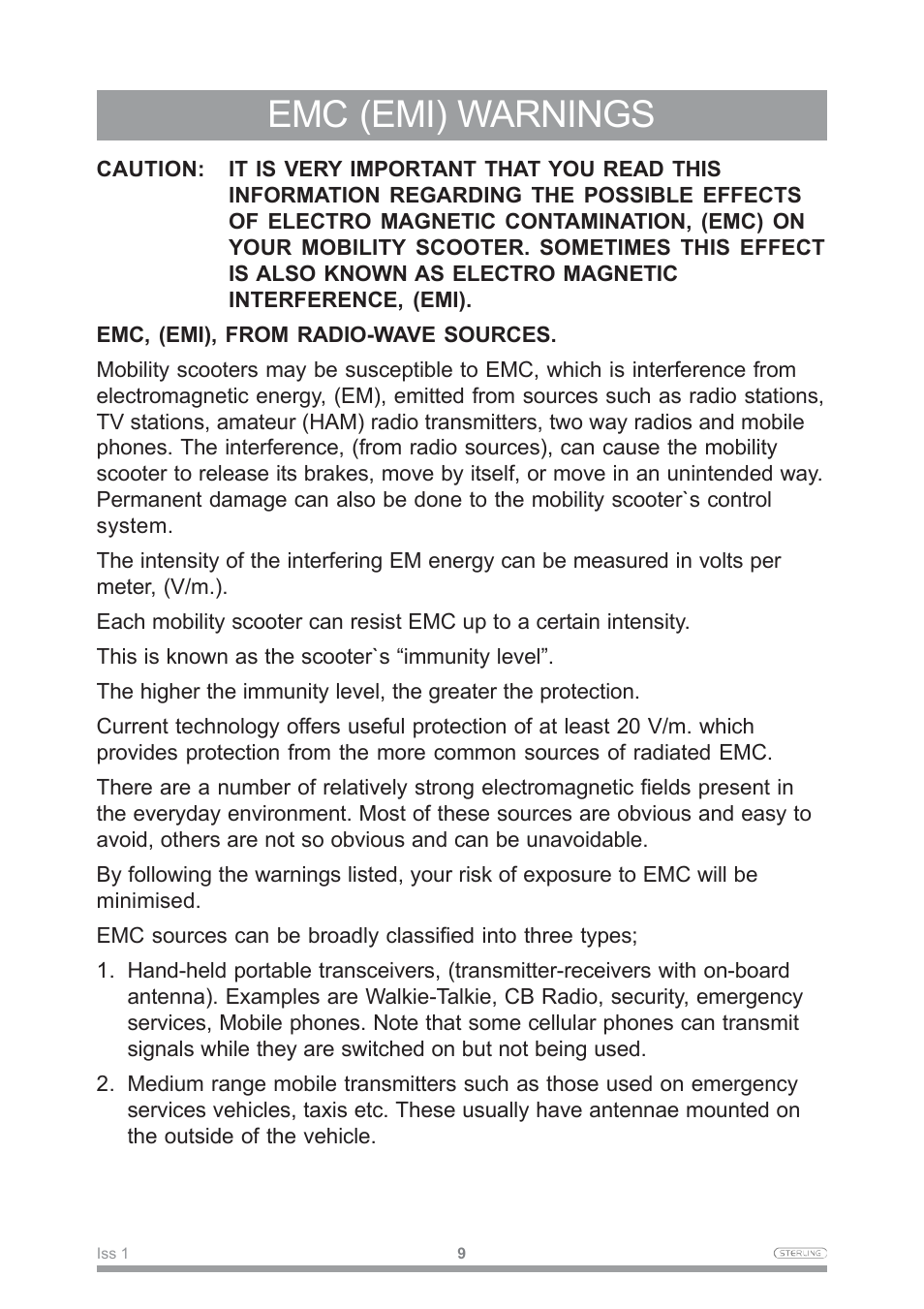 Emc (emi) warnings | Sunrise Medical Mobility Scooter User Manual | Page 12 / 40